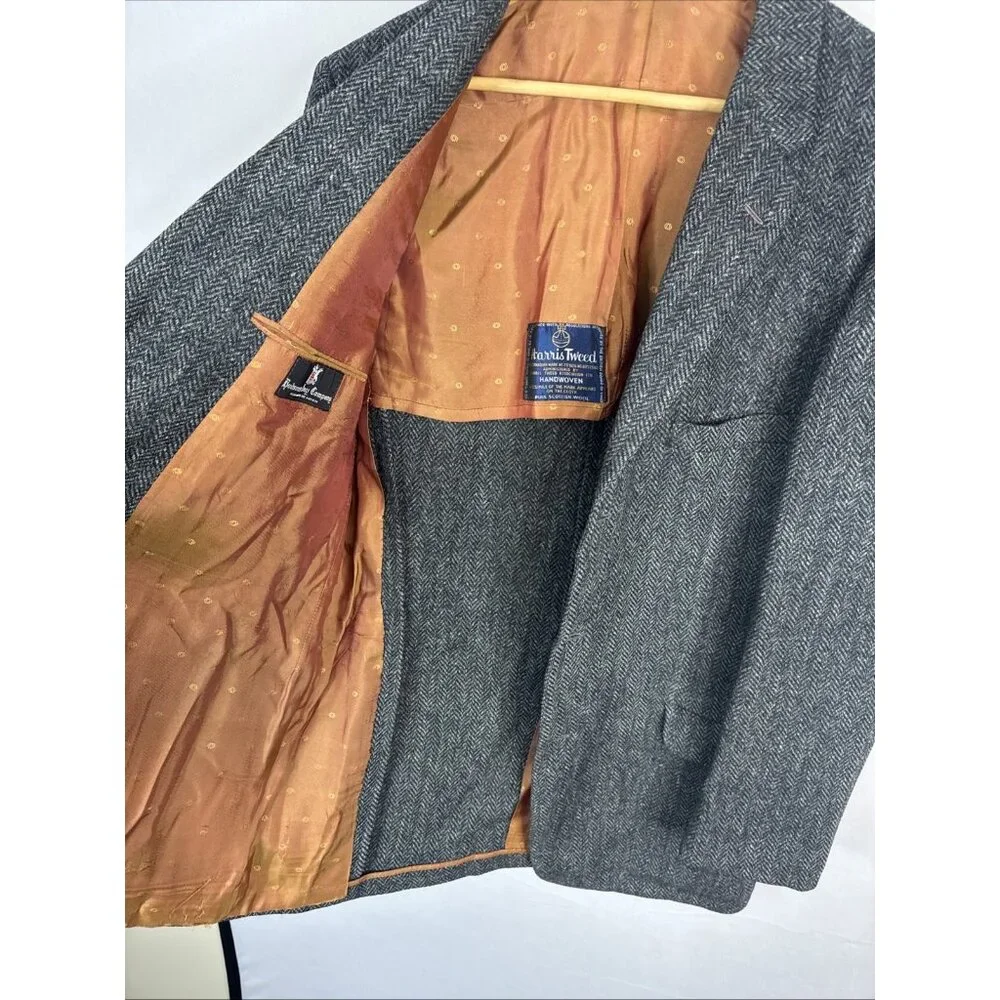Vintage Harris Tweed Wool Hudson’s Bay Blazer Men 44L Tall Gray Herringbone‎